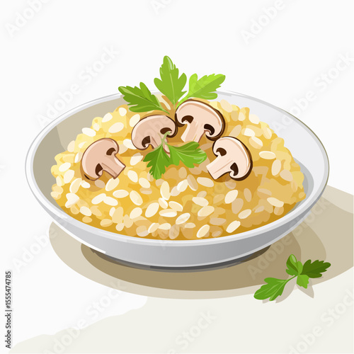 Creamy risotto with sliced mushrooms and fresh parsley in a white bowl