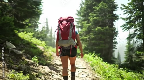 Solo hiker walking through forest trail with backpack