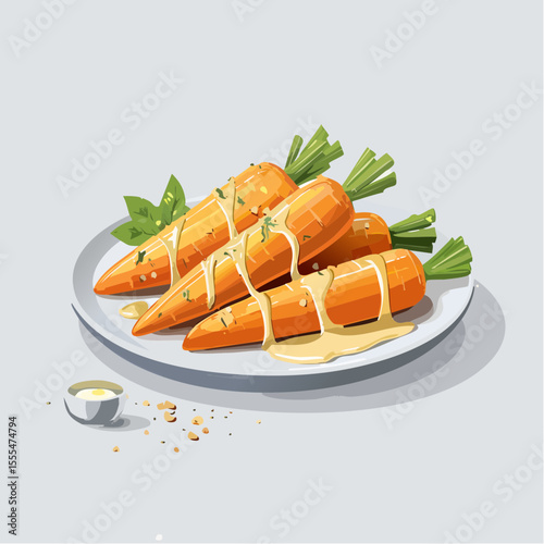 Glazed Carrots on Plate with Herbs and Sauce, Culinary Still Life