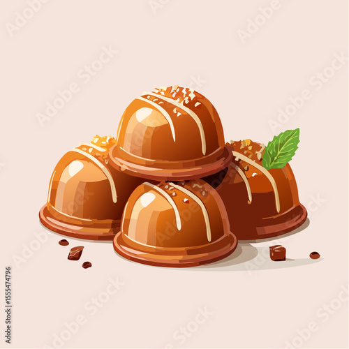 Stacked dome-shaped desserts with caramel drizzle, nut topping, and a mint leaf garnish