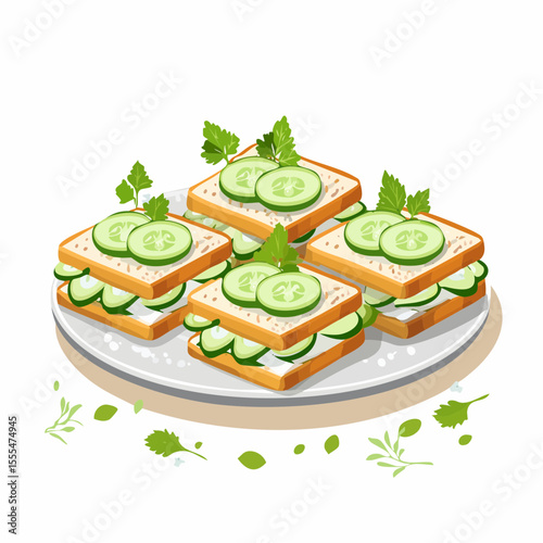 Stacked cucumber sandwiches with parsley garnish on a speckled plate, isometric view