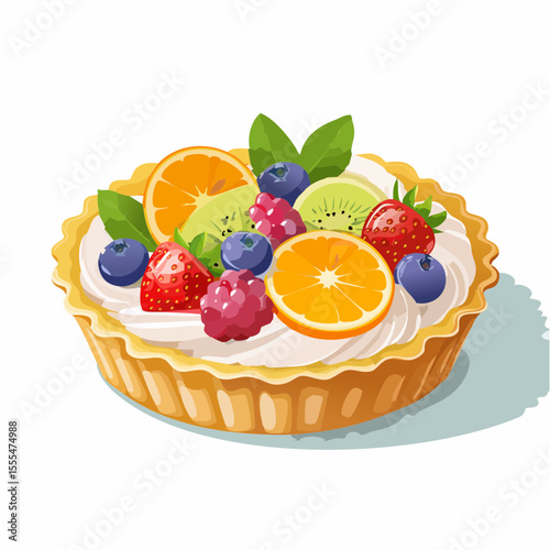 Colorful Fruit Tart with Strawberries, Kiwi, Orange, Raspberries, and Blueberries