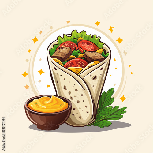 Delicious Shawarma Wrap with Fresh Vegetables and Creamy Sauce Illustration