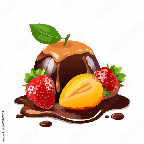 Stylized Strawberries and Chocolate with Caramel Drizzle and Mint Leaf