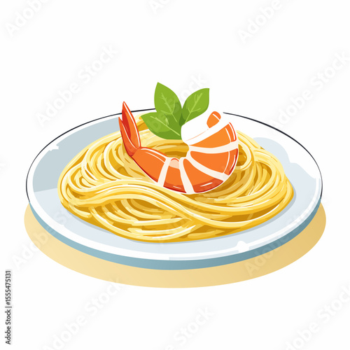 Shrimp and Spaghetti Cartoon Illustration with Basil on a White Plate