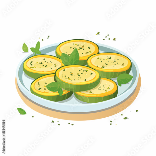 Plate of Zucchini Slices with Basil Leaves and Herb Sprinkles, Culinary Delight