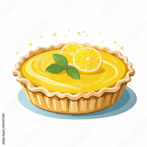 Luscious lemon tart with two lemon slices and three green leaves garnish