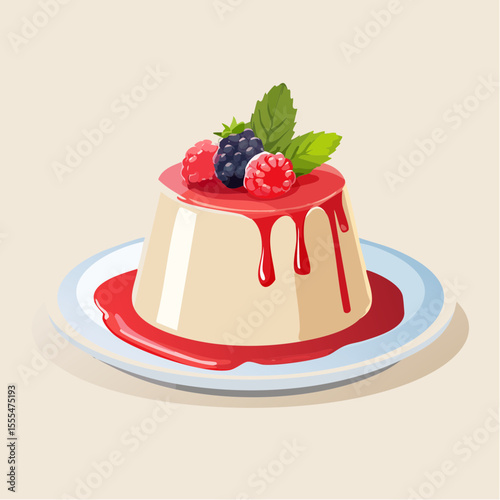 Creamy Panna Cotta Dessert Topped with Fresh Berries and Mint Leaves