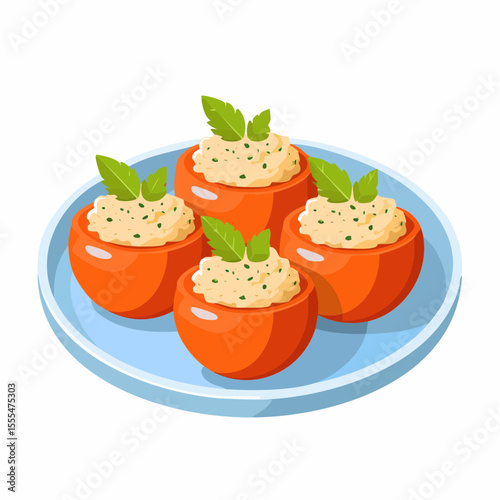 Four orange tomato appetizers filled with creamy salad and garnished with mint leaves