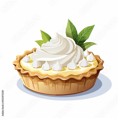 Luscious lemon tart with meringue swirls and vibrant green leaves garnish