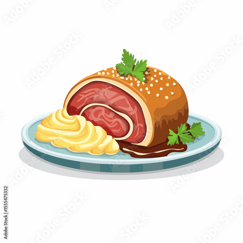 Beef Wellington Slice with Swirled Mashed Potatoes and Parsley Garnish