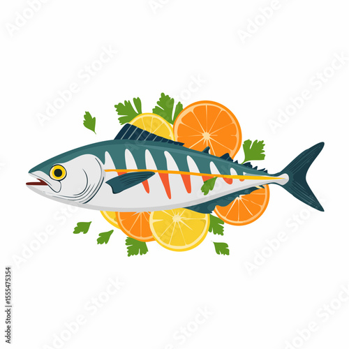 Stylized Mackerel with Citrus Slices and Parsley Garnish Illustration