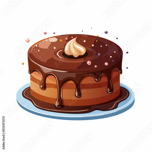 Cartoon chocolate cake with dripping glaze and a swirl of cream on a blue plate