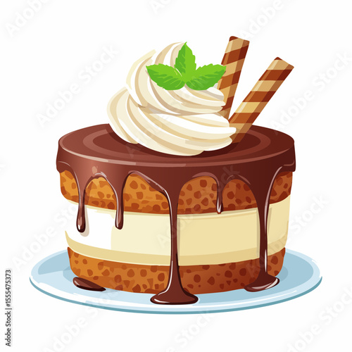 Delicious layered cake with cream topping, chocolate drizzle, wafers and mint leaves