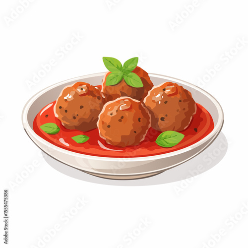 Classic Italian Meatballs in Tomato Sauce with Basil on a White Plate