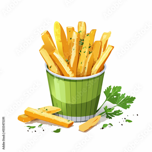 Stylized French Fries in Striped Green Cup with Parsley Garnish
