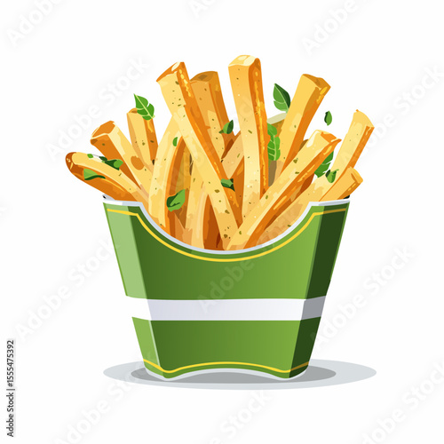 Stylized French Fries with Basil in a Green and White Container