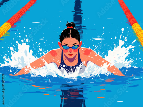 Active healthy strong young woman, girl swimmer swimming pool, glasses, sport swim suit water, finish, competition, training fitness club, gym, workout 