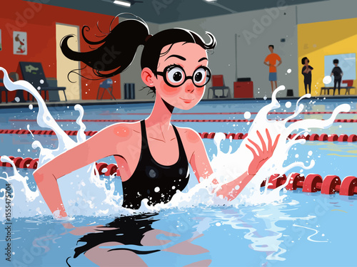 Active healthy strong young woman, girl swimmer swimming pool, glasses, sport swim suit water, finish, competition, training fitness club, gym, workout 