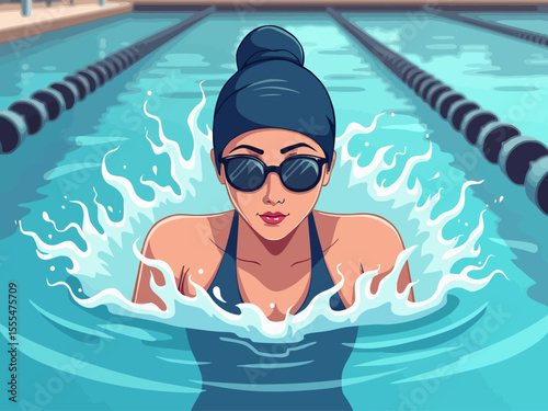 Active healthy strong young woman, girl swimmer swimming pool, glasses, sport swim suit water, finish, competition, training fitness club, gym, workout 
