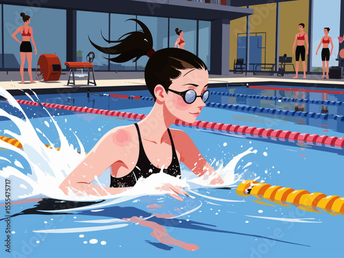  Active healthy strong young woman, girl swimmer swimming pool, glasses, sport swim suit water, finish, competition, training fitness club, gym, workout