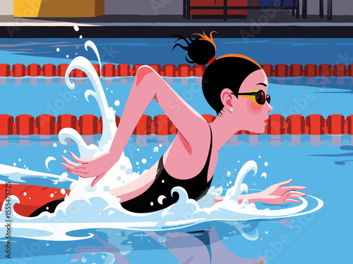  Active healthy strong young woman, girl swimmer swimming pool, glasses, sport swim suit water, finish, competition, training fitness club, gym, workout