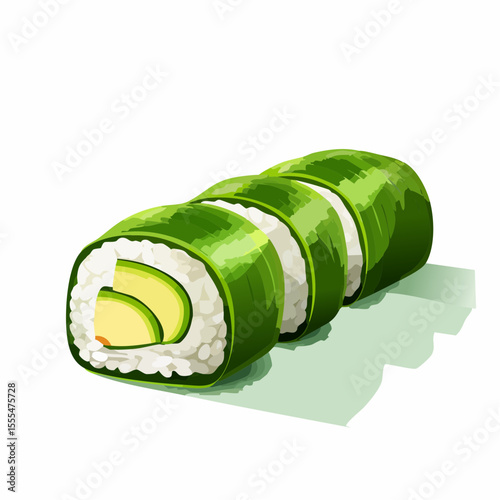 Stylized Sushi Roll with Avocado Filling and Green Seaweed Wrapper