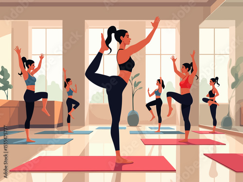 Active healthy women fitness group workout gym, mirrors room