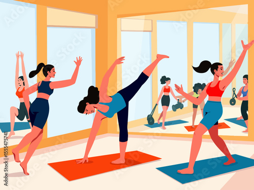 Active healthy women fitness group workout gym, mirrors room