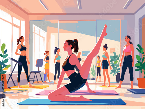 Active healthy women fitness group workout gym, mirrors room