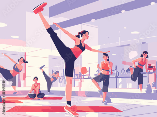 Active healthy women fitness group workout gym, mirrors room
