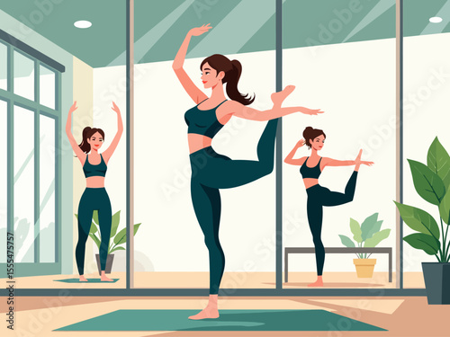 Active healthy women fitness group workout gym, mirrors room
