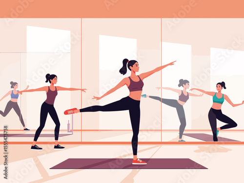 Active healthy women fitness group workout gym, mirrors room