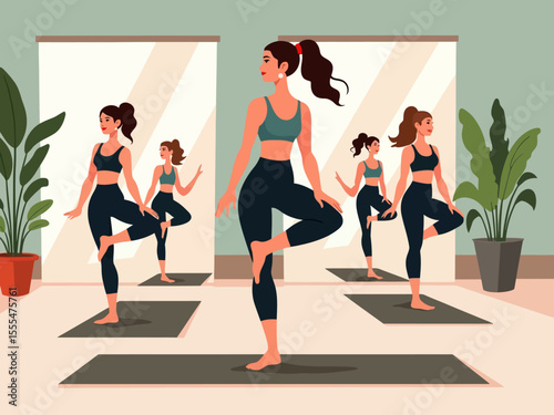 Active healthy women fitness group workout gym, mirrors room