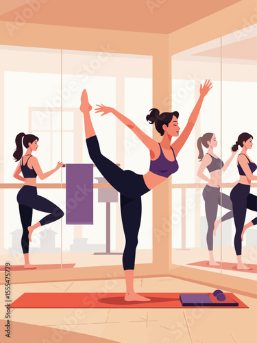 Active healthy women fitness group workout gym, mirrors room