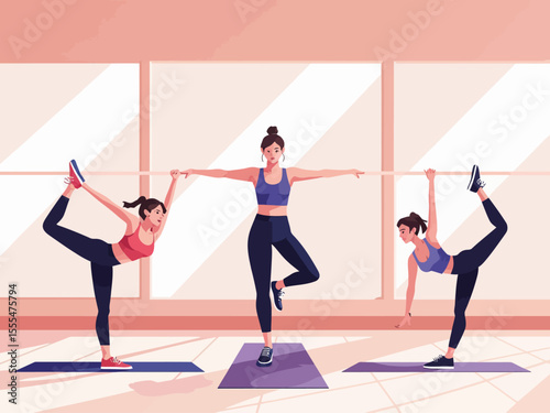 Active healthy women fitness group workout gym, mirrors room