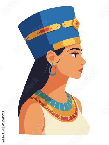  Ancient Egyptian queen bust with colorful attire and blue crown in flat style on white background concept of Egyptian history