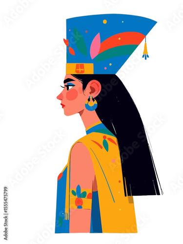  Ancient Egyptian queen bust with colorful attire and blue crown in flat style on white background concept of Egyptian history