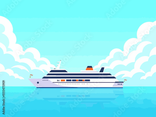 cruise ship on calm water, with a clear sky and clouds in the background
