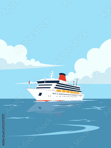 cruise ship on calm water, with a clear sky and clouds in the background