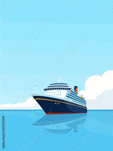 cruise ship on calm water, with a clear sky and clouds in the background