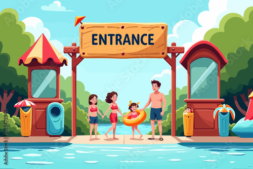 entrance to a water park, family of four standing next to a ticket booth and a big sign saying entrance, all in swimming costumes equipped with inflatables and kids in snorkel