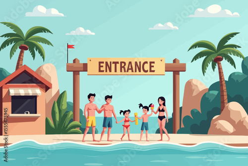 entrance to a water park, family of four standing next to a ticket booth and a big sign saying entrance, all in swimming costumes equipped with inflatables and kids in snorkel