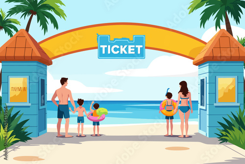 entrance to a water park, family of four standing next to a ticket booth and a big sign saying entrance, all in swimming costumes equipped with inflatables and kids in snorkel