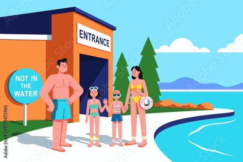 entrance to a water park, family of four standing next to a ticket booth and a big sign saying entrance, all in swimming costumes equipped with inflatables and kids in snorkel