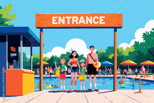 entrance to a water park, family of four standing next to a ticket booth and a big sign saying entrance, all in swimming costumes equipped with inflatables and kids in snorkel