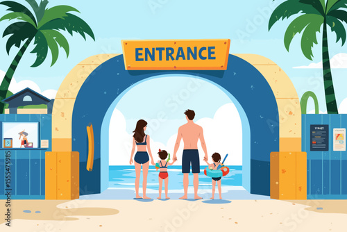 entrance to a water park, family of four standing next to a ticket booth and a big sign saying entrance, all in swimming costumes equipped with inflatables and kids in snorkel