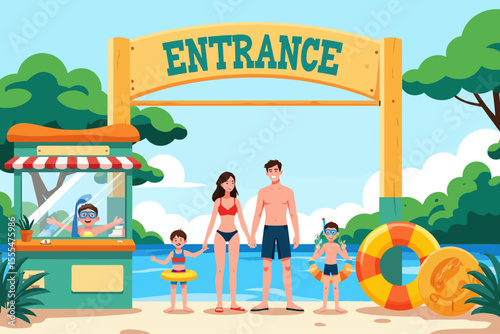 entrance to a water park, family of four standing next to a ticket booth and a big sign saying entrance, all in swimming costumes equipped with inflatables and kids in snorkel