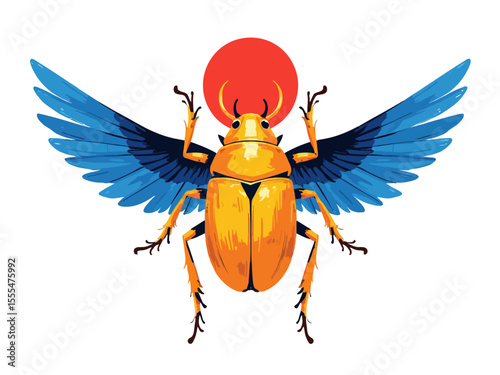 Golden Egyptian scarab beetle with blue wings and red sun on white background, symbolizing rebirth and protection