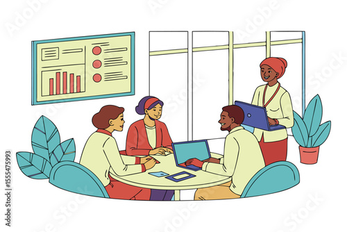 A diverse team of business professionals collaborating around a table during a project presentation with data charts.